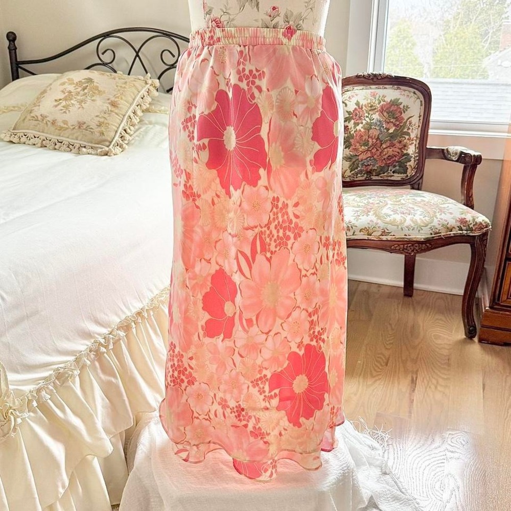 90s drapers studio pink floral‎ chiffon midi skirt size 10 petite